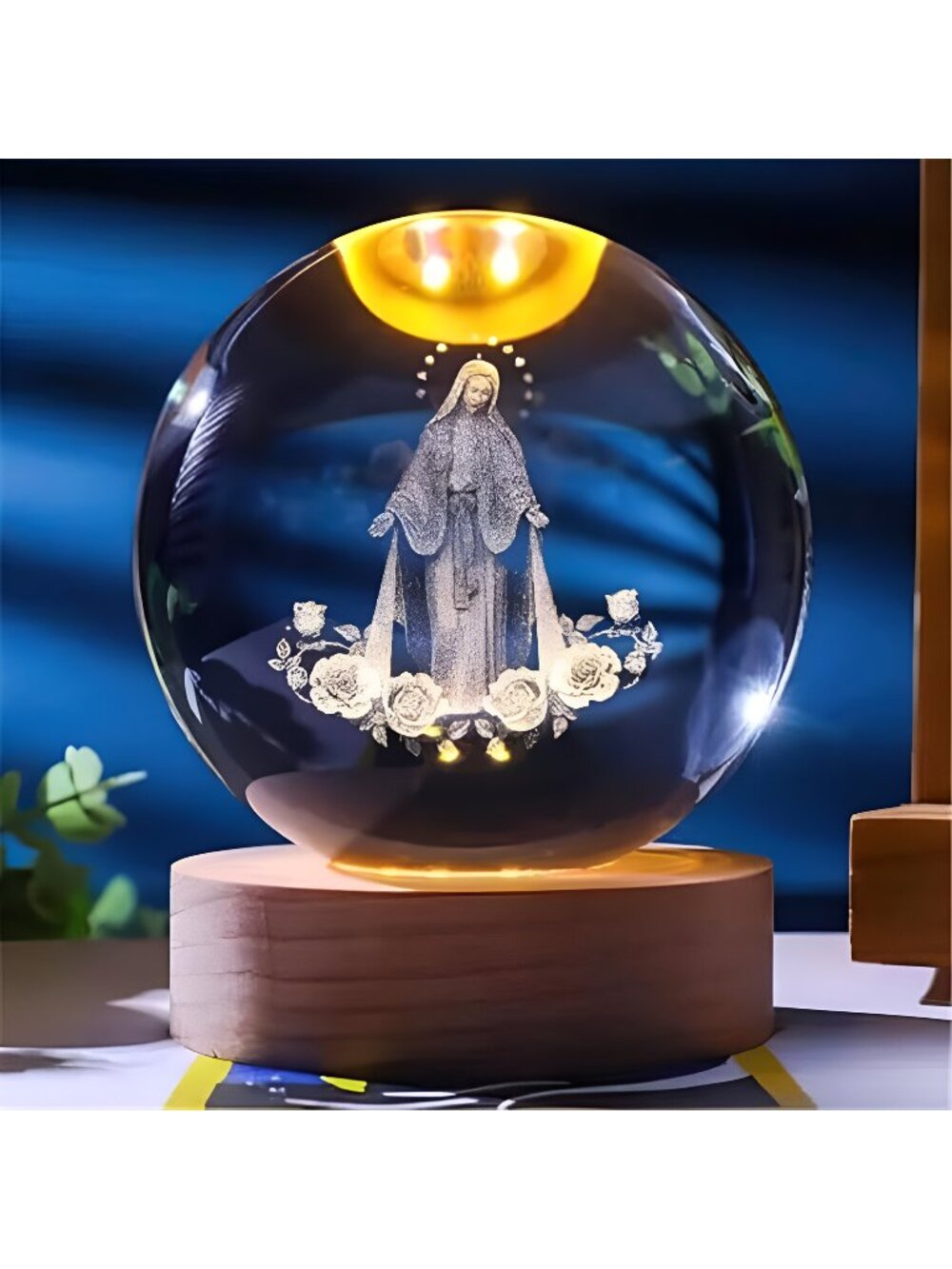Jesuspirit - Christian Decor, Wooden Light Base Crystal Ball Night Light, Home